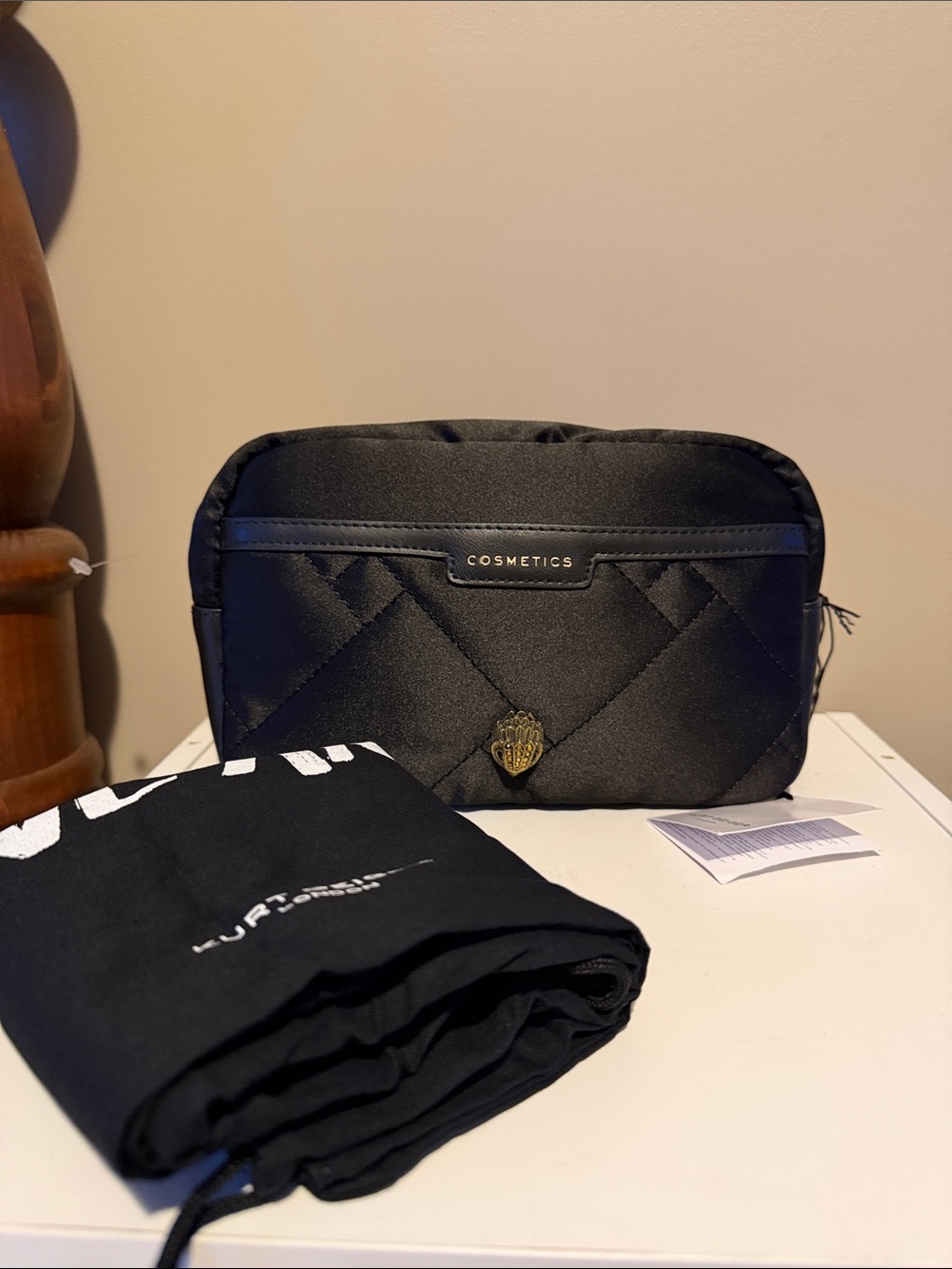 NWT Kurt Geiger Black Quilted Cosmetic Case with Gold Emblem
